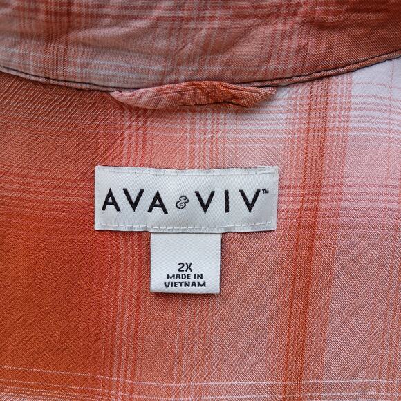 Ava & Viv Plaid Button Up Blouse 2X upcycle repaired orange long sleeve rayon - Picture 7 of 16